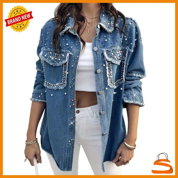 Plus Size Stretch Denim Jacket with Pearl Beading Oversized Shacket
